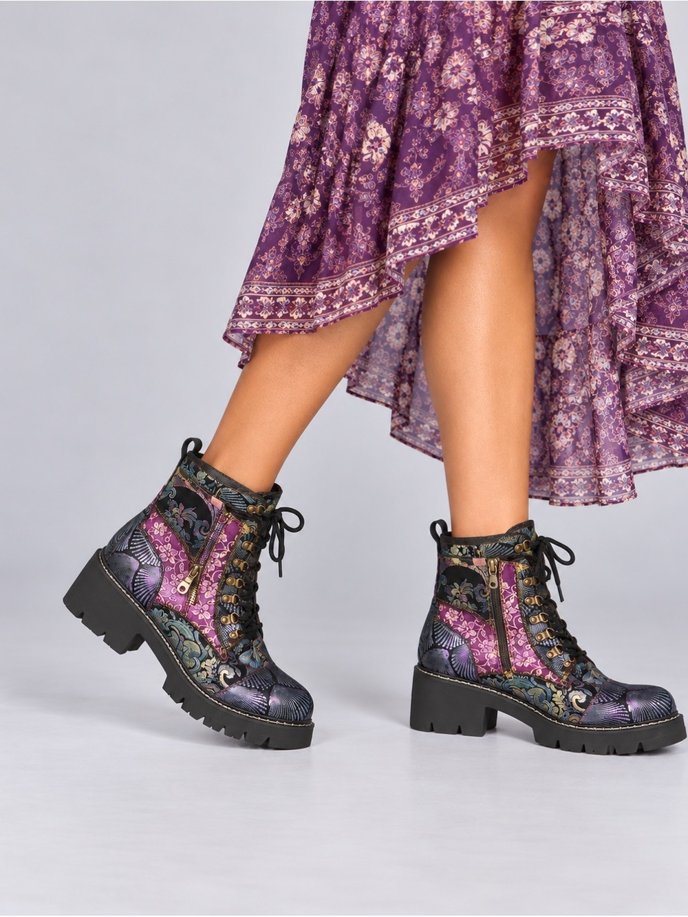 Ladies L’Artiste Floral Embossed Lace-Up Ankle Boots in Purple and Black